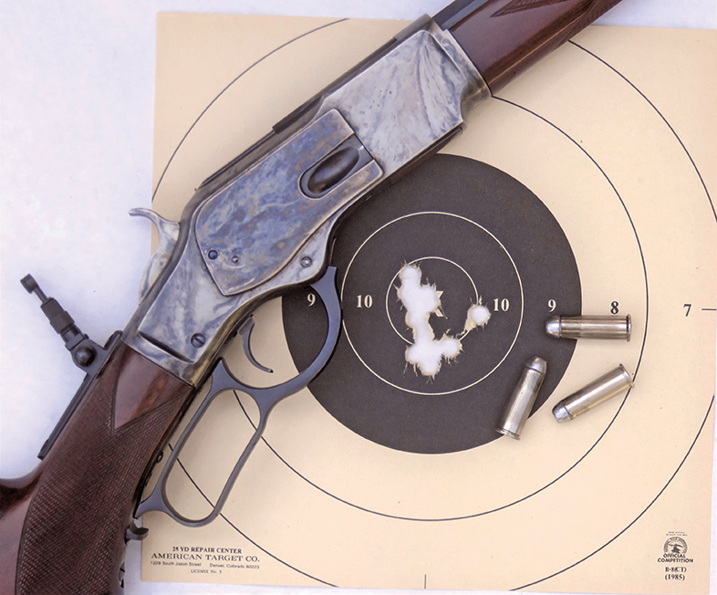 The 50-yard, 10-shot group fired by Allen with the 30-inch barreled 44-40 1873 by Uberti.